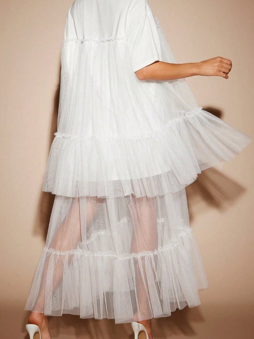 White Boho Festival Women's Tulle Tiered Maxi T-Shirt Dress - Picture 2 of 5